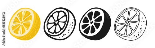 A half a lemon. Cartoon style lemon slices symbol cartoon set. Bright fresh design perfect for logo, sign, icon, branding. Citrus fruit sign icon for summer, juice healthy lifestyle themes vector