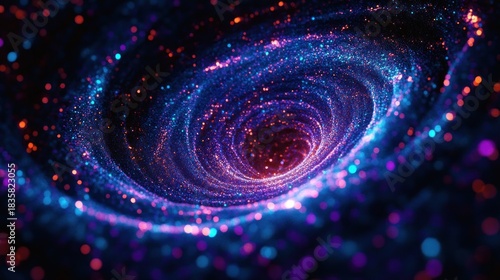 Vibrant spiral galaxy or cosmic vortex with glowing blue, purple, and red particles swirling toward a dark center, evoking mystery and vastness of space