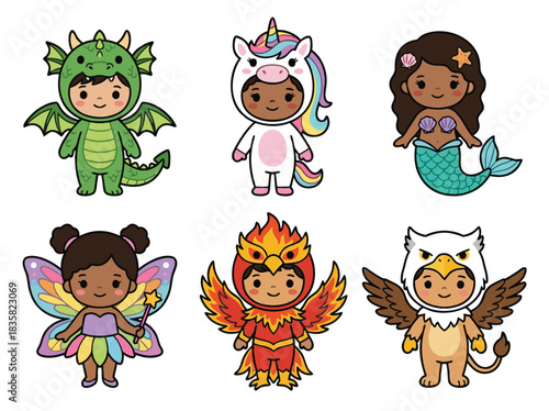 Cute Children in Mythical Creature Costumes Illustration.