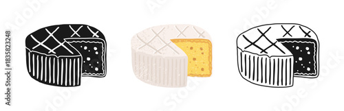 Camembert soft Cheese, fatty French food made from cow's milk. A piece of cheese linear doodle icon, illustration and simple stylized symbols set. Vector fun colorful design for food or dairy projects