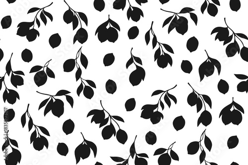 Lemons tree branch seamless pattern. Different branches boundless background hand drawn black silhouette style. Decorative fruits citrus endless design paper print, textile, wrapper backdrop template