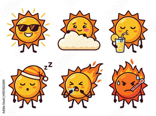 Cute Sun Character Emoticons with Various Expressions.