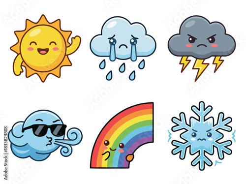 Cute Weather Icons Set with Emotions.