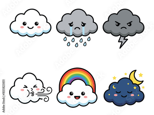 Cute Weather Icons with Cartoon Clouds.