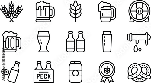 Beer related outline icons set black and white