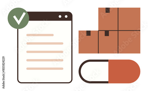 Document with a check mark next to sealed boxes and a capsule. Ideal for quality assurance, logistics, supply chain, pharmaceutical security, compliance, inventory management, healthcare. Simple flat
