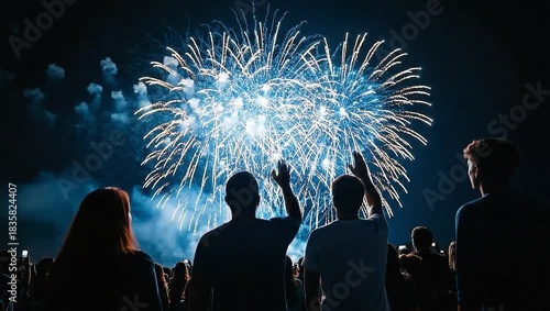 People watching fireworks display against dark sky celebrating