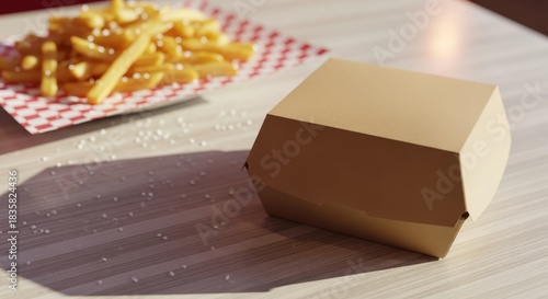 Wallpaper Mural A brown paper food box sits on a wooden table next to a plate of fries. Torontodigital.ca