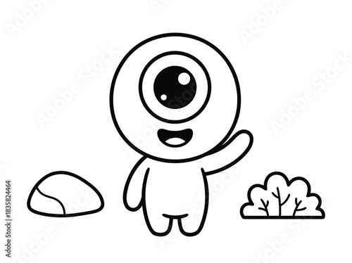 Friendly One-Eyed Monster in a Simple Landscape.