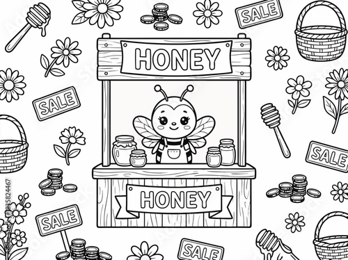 Honey Bees Sweet Shop Coloring Page Illustration.
