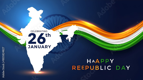 Celebrating The 26th January Republic Day Of India With A White Silhouette Map Of The Country Set Against A Dark Blue Background And Wavy Tricolor Flag Design With Ashoka Chakra Emblem