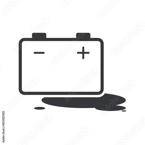 Isolated pictogram of a leaking battery accumulator, showing hazardous chemical spill, industrial safety warning, dangerous transport handling symbol, and caution for corrosive risks.