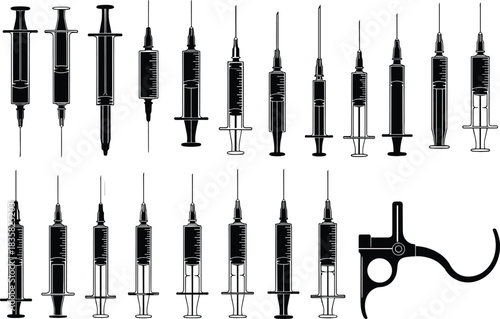 Vector Silhouettes of Medical Syringes, Needles, and Vaccination Tools for Health Care, Laboratory, and Drug Treatment Design.