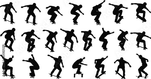 Vector Silhouettes of Skateboarders Performing Tricks and Jumps, Ideal for Action Sports, Youth Culture, and Extreme Design