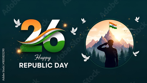Happy Republic Day Celebration Vector Illustration Showing A Saluting Soldier Silhouette Against Sunrise Mountain Background With Flying Doves And Large 26 Tricolor Graphic Design