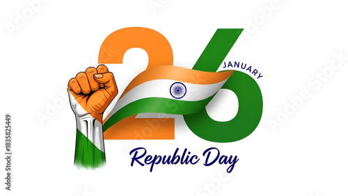 Vector Illustration Of Indian Republic Day Celebration Showing A Clenched Fist In Tricolor Holding The National Flag And Large 26 January Text Symbolizing Strength And Unity