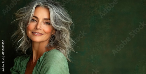 Portrait of a mature woman with silver hair smiling gently wearing a green top against a dark green textured background