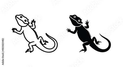 Outline and silhouette illustrations of a bearded dragon lizard.