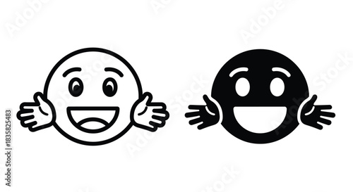 Two smiling emoji faces with open arms, one in outline and one solid black, symbolizing a hug or welcome.