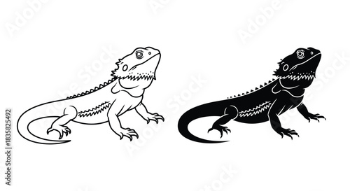 Two illustrations of a bearded dragon, one as a detailed outline drawing and the other as a solid black silhouette, both in profile on a white background.