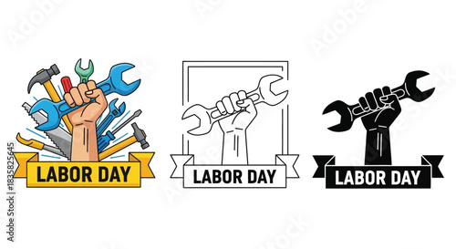 A set of three distinct Labor Day emblems, featuring a hand firmly grasping a wrench, accompanied by a banner, presented in full color, outline, and silhouette styles.