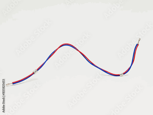 Abstract close-up of a blue and red cable with metal connectors against a white backdrop