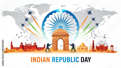 Vector Illustration Of Indian Republic Day Parade With India Gate National Monuments Ashoka Chakra Fighter Jets Flying Tricolor Smoke And Map Background Representing Unity And Military Power
