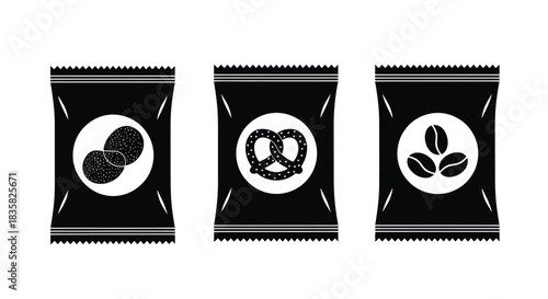 Snack Packaging Icons with Cookie, Pretzel, and Coffee Bean Symbols