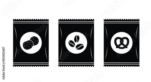 Three minimalist black sachets with white labels depicting cookies, coffee beans, and a pretzel icon.