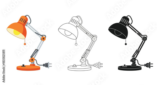 Three illustrations of an adjustable desk lamp: one in color, one as an outline, and one as a black silhouette, on a white background.