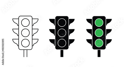 Three distinct traffic light icons, showing outline, solid black, and green light illuminated states, representing road signals.