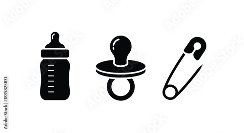 Baby Essentials Icons: Bottle, Pacifier, and Safety Pin