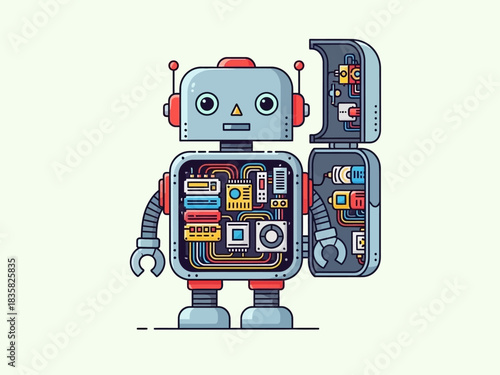 Illustration of a cute cartoon robot with its internal circuitry and wires exposed, showing the complex inner workings of artificial intelligence
