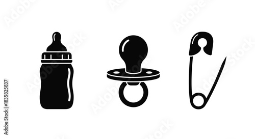 Three black silhouette icons representing essential baby care items including a bottle, pacifier, and safety pin.