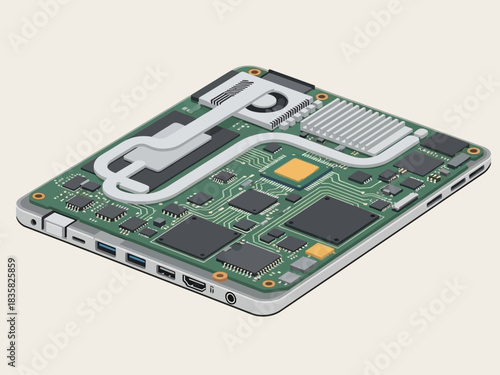 Computer motherboard and internal components illustration depicting electronic circuitry and hardware
