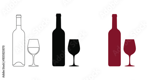 Three different styles of wine bottle and glass icons: outline, black silhouette, and red silhouette.