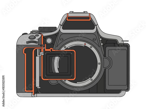 Detailed illustration of a modern DSLR camera's internal mechanism and external features