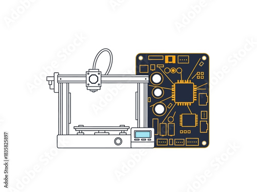 Visual representation of innovative technological processes, showcasing the collaboration between 3D printing for rapid prototyping and electronic circuit board development