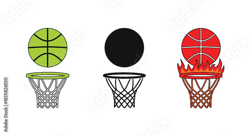 Three distinct basketball hoop and ball illustrations, featuring green, black, and flaming red designs.