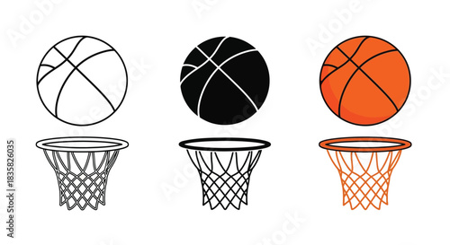 Three different styles of basketball and hoop illustrations: outline, silhouette, and colored versions, representing the sport.