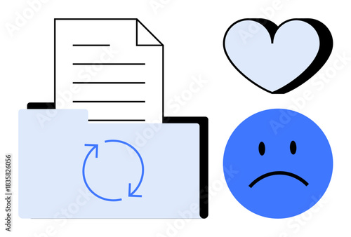 Data organization, document updates, emotional communication, information sharing, emotional intelligence, digital records. File folder with document, heart and sad face. Data management