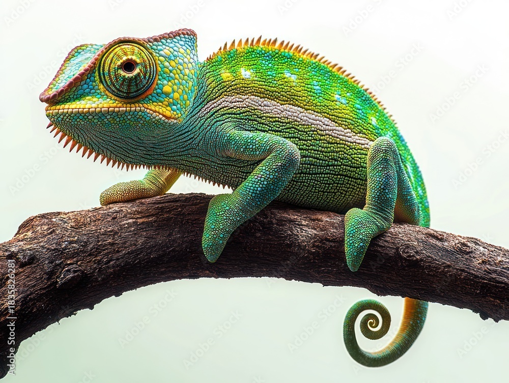 Fototapeta premium close-up of a vibrant green and blue chameleon with intricate scales perched on a curved branch with coiled tail against a plain light background