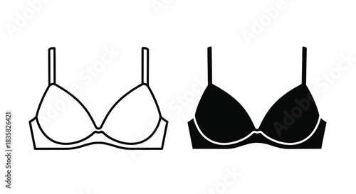 Two minimalist bra icons, one white outline and one black filled, representing women's underwear.