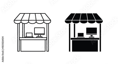 Two icons depicting a market stall or booth with a laptop and desktop monitor, one in outline and one solid black.