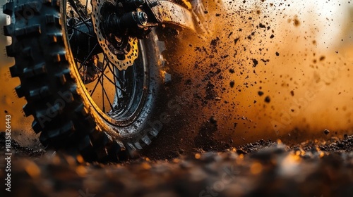 Close-up of a dirt bike tire kicking up mud and dirt in motion during sunset or golden hour