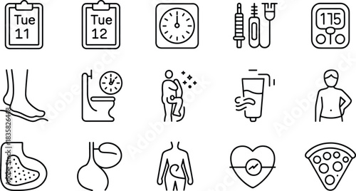 Diabetes management and healthy lifestyle icons set