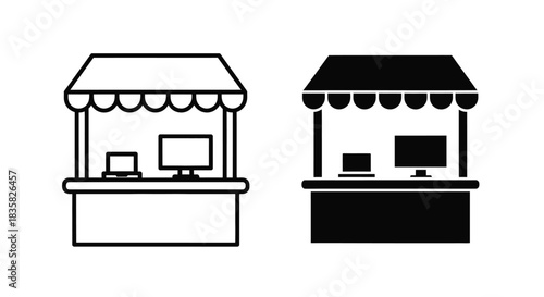 Two market stall icons, one in outline and one in solid black, featuring a laptop and monitor on the counter.