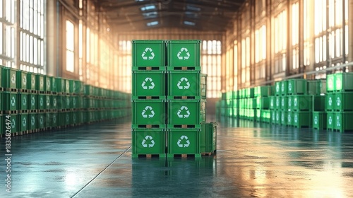 Rows of green recycling containers stacked neatly inside a large, well-lit industrial warehouse with reflective polished floors