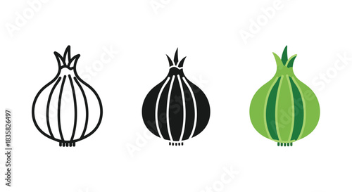 Three different styles of onion icons: outline, solid black, and green filled, representing a common vegetable.
