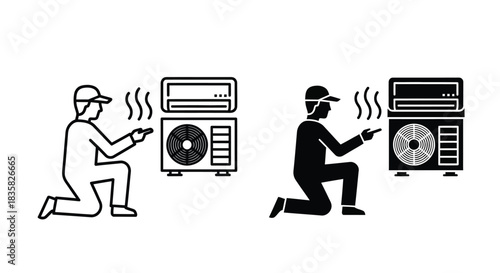 Technician inspecting or repairing a split-system air conditioning unit with outdoor compressor, showing heat or airflow.